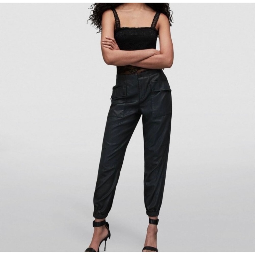AllSaints Val‎ Wax Coated Cargo Joggers Black High Rise Trousers WP006Z US 6
